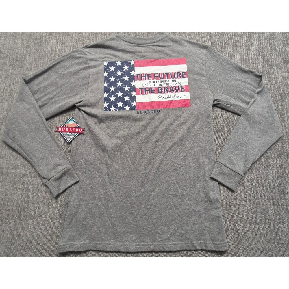 Burlebo gray double sided graphic long sleeve t-shirt SM pocket USA Flag